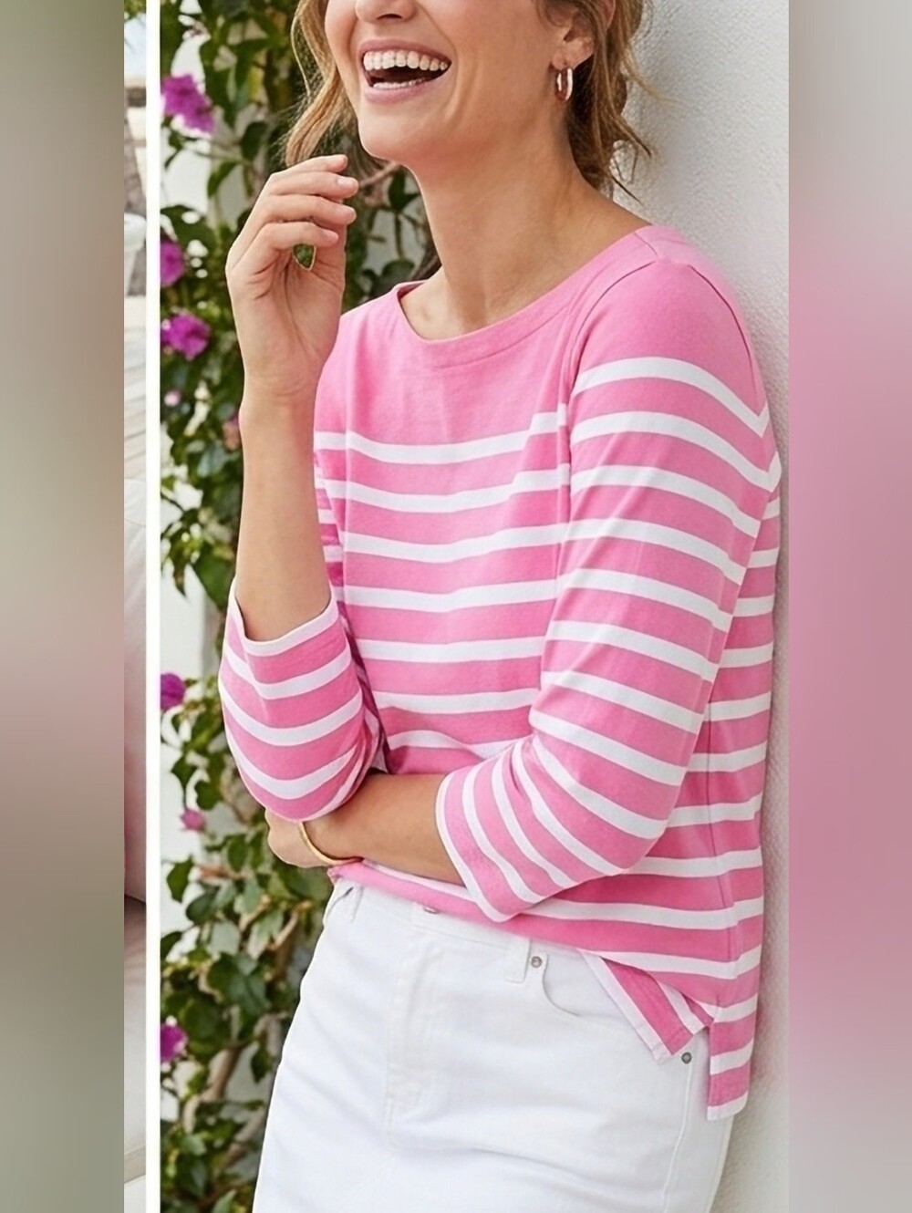 L.L. Bean 100% Cotton Pink/White Striped Boatneck Top 3/4 Sleeves Large - Picture 5 of 10